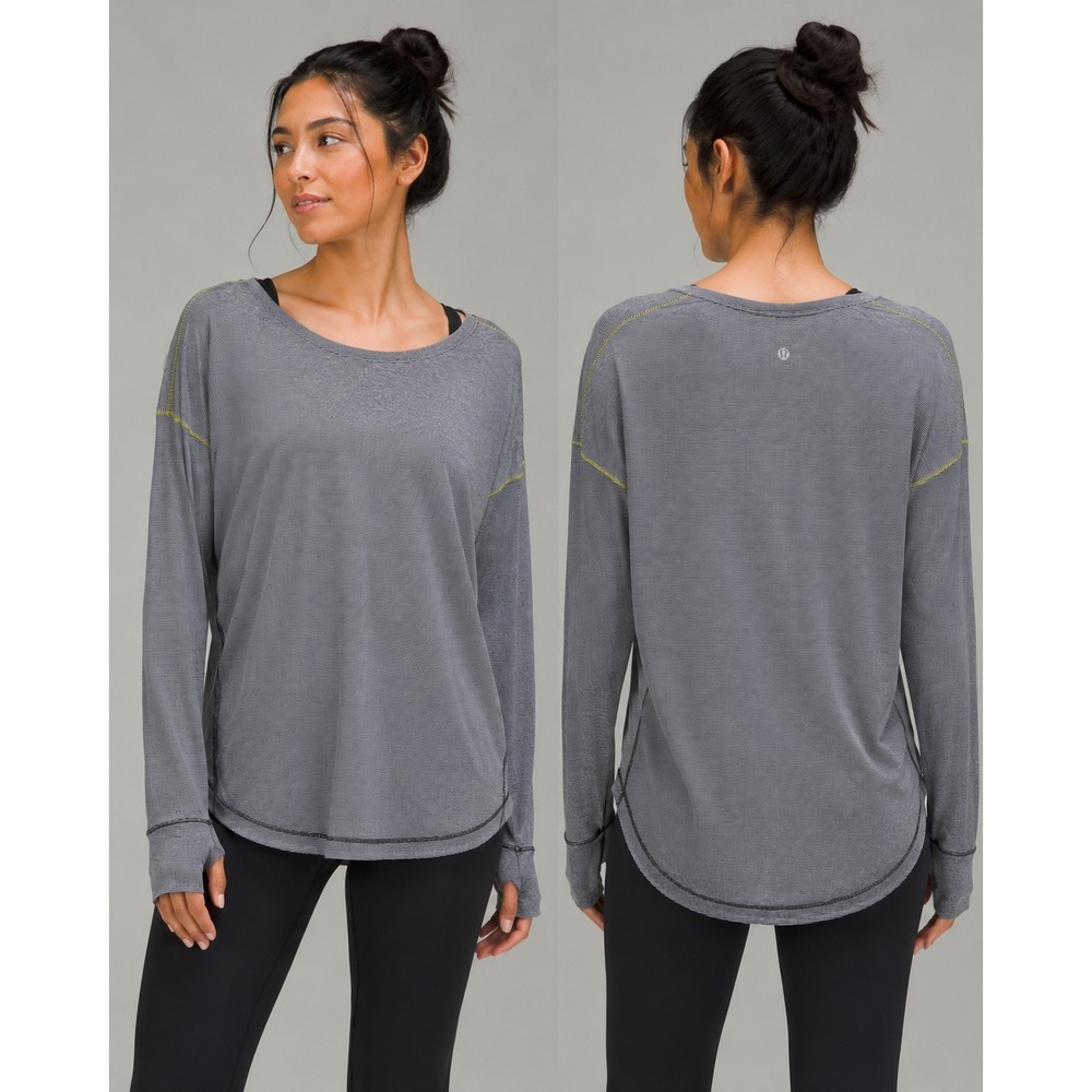 Lululemon Heathered Grey Striped Long Sleeve Top Yellow Contrast  Thumbholes‎ 10